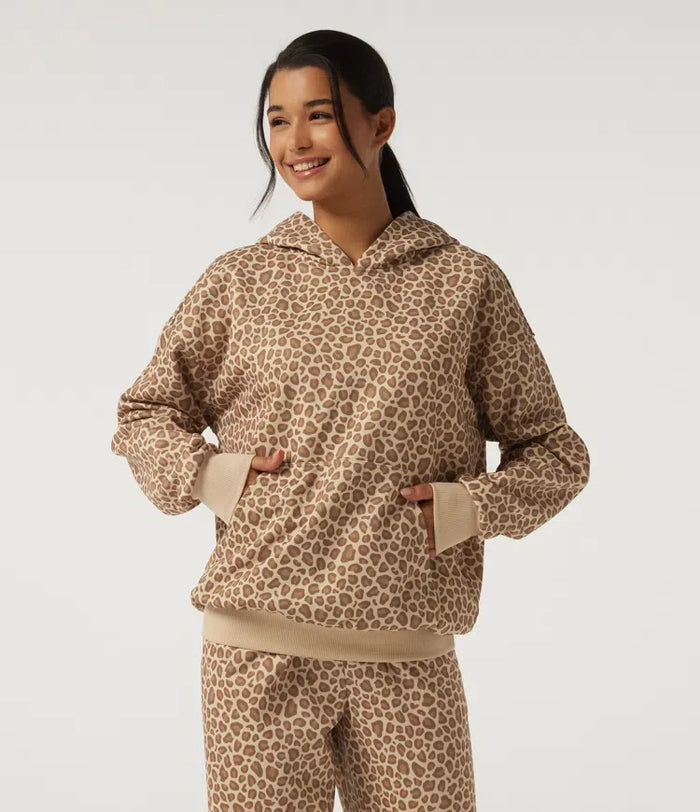 Med huva långärmad leopardmönster vardaglig sweatshirt med ficka