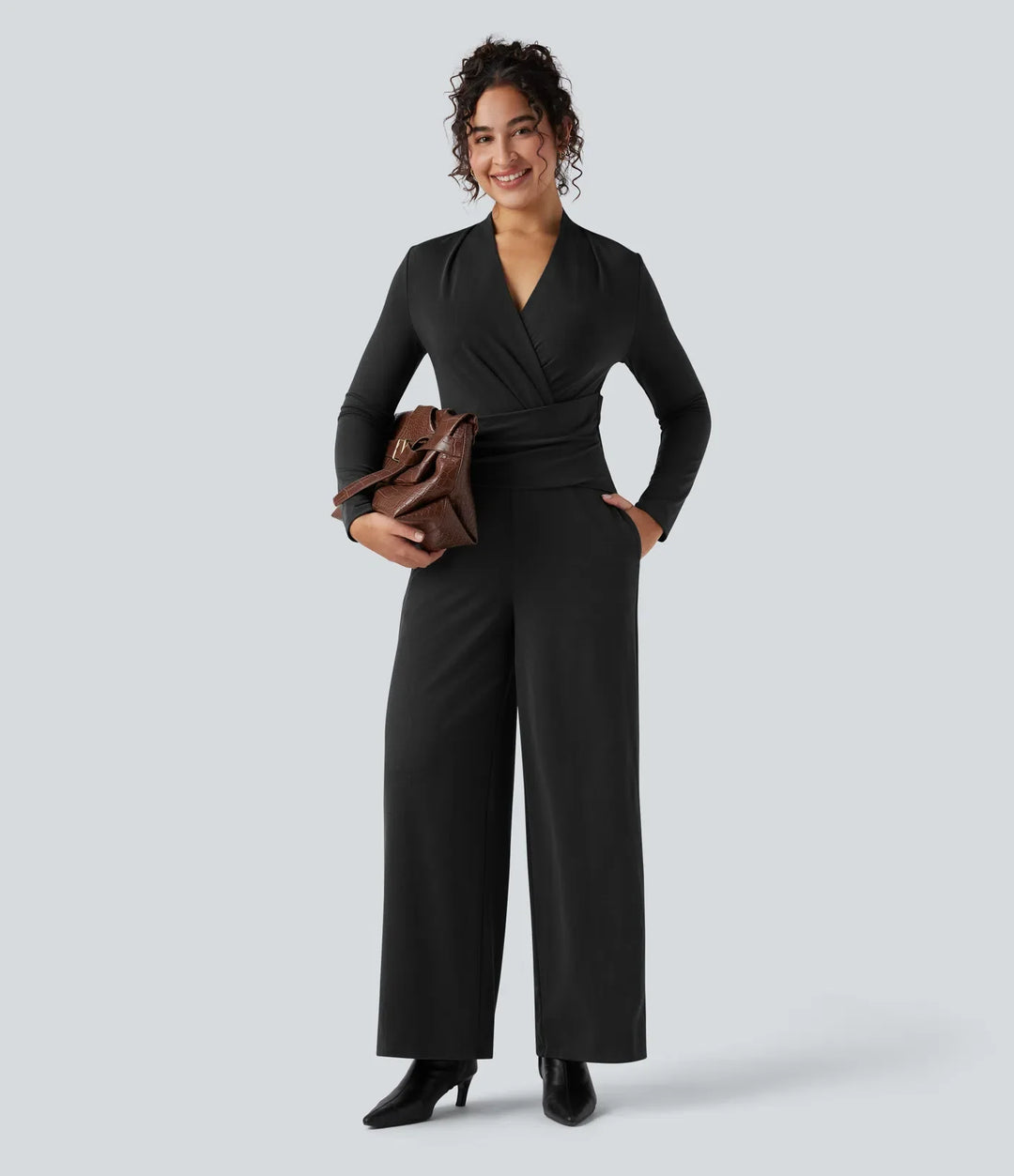 V-ringad dragkedja långärmad arbetsjumpsuit med fickor-Easy Peezy