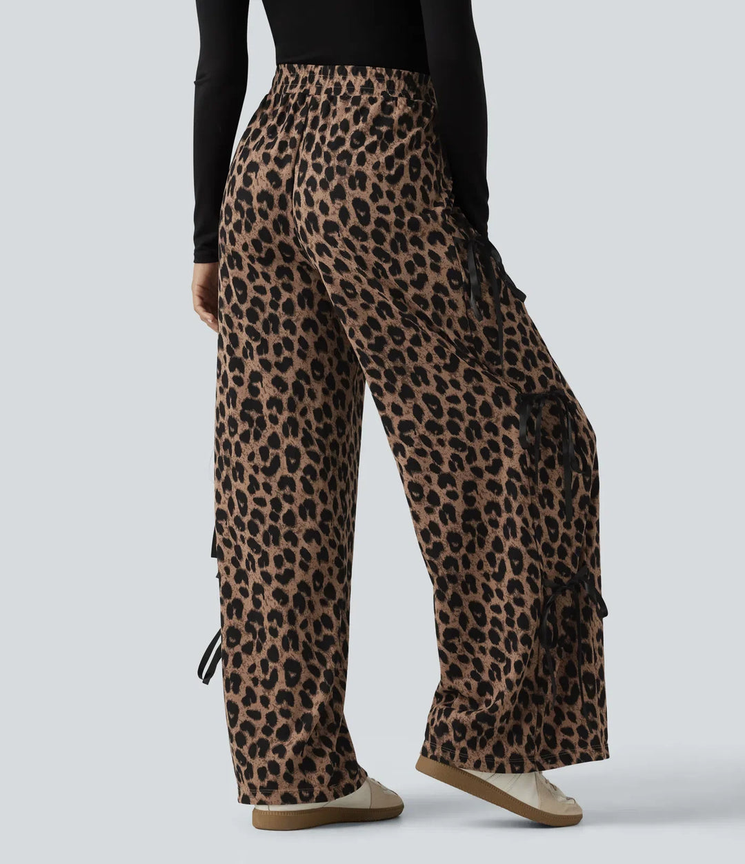 Högmidjad leopardmönster våffelstruktur vida ben vardagsbyxor med fickor