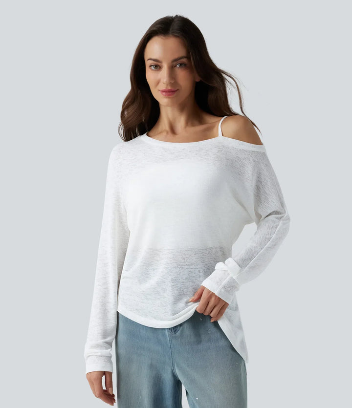 Halvtransparent enaxlad långärmad asymmetrisk fåll T-shirt för vardag