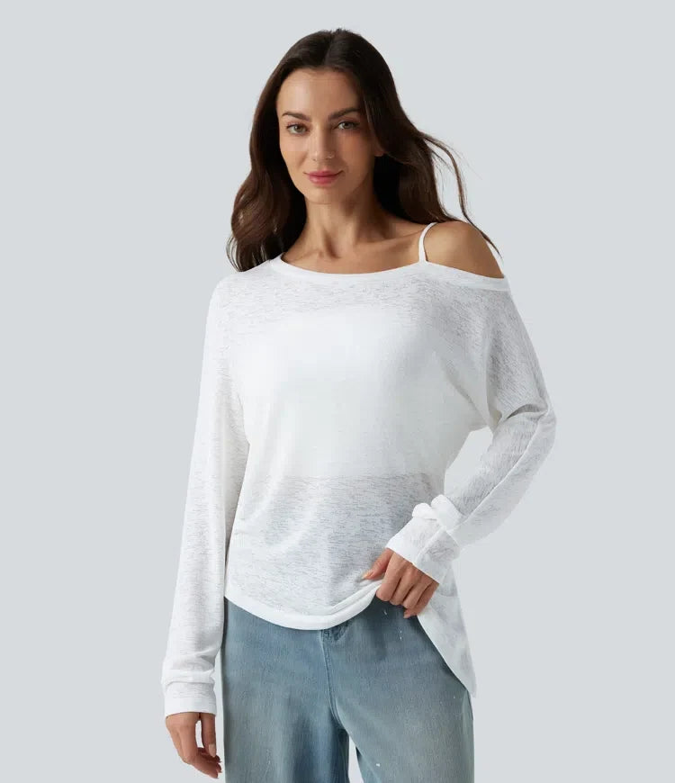 halvtransparent enaxlad långärmad asymmetrisk fåll vardaglig T-shirt