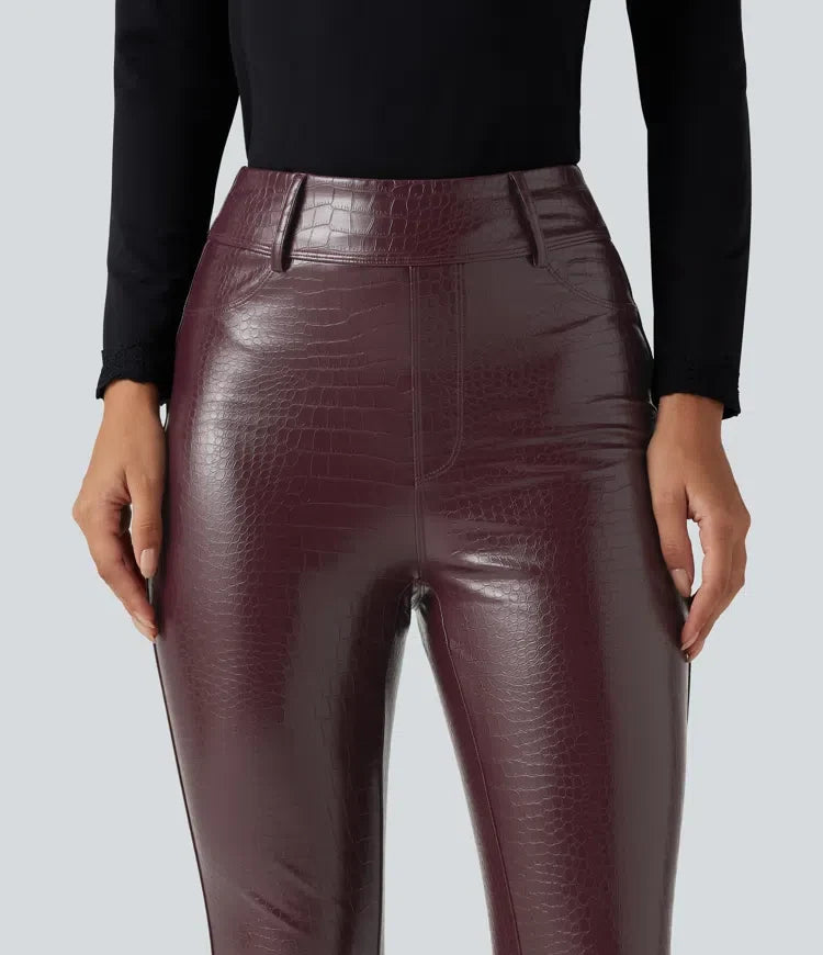 Med hög midja ormskinnsmönster tryck stretchig PU fleece vardagsleggings med fickor