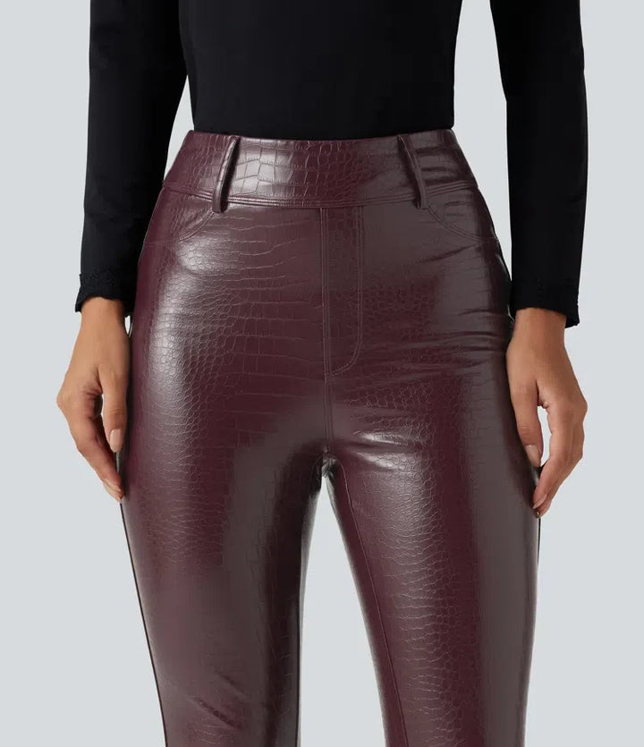 Med hög midja ormskinnsmönster tryck stretchig PU fleece vardagsleggings med fickor