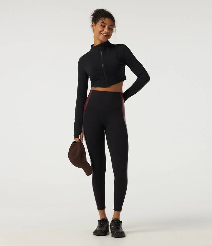 Högmidjad magkontroll färgblock stretchig PU yogaleggings med ficka