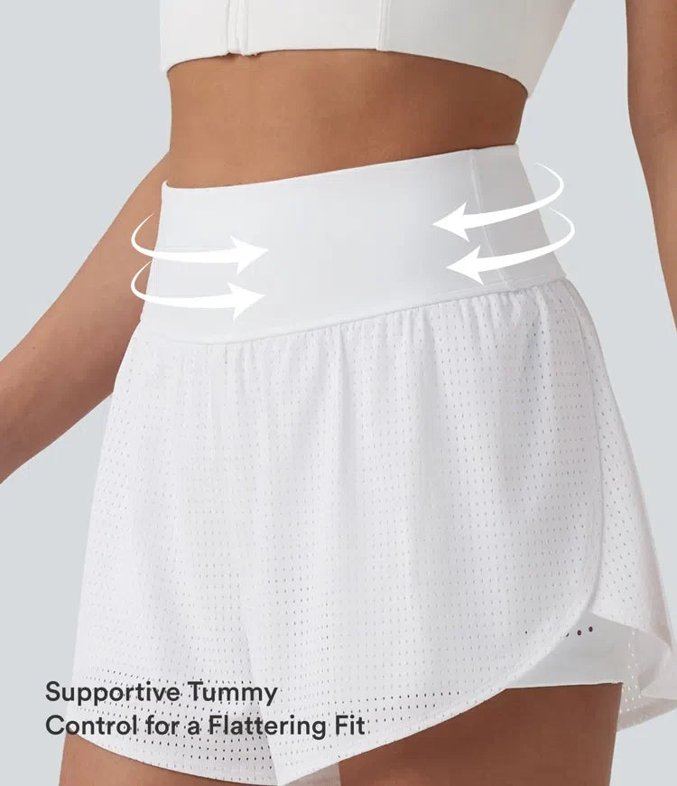 Med hög midja och magkontroll reflekterande prickar omlott rundad nederkant 2-i-1 hålbroderi yogashorts med fickor
