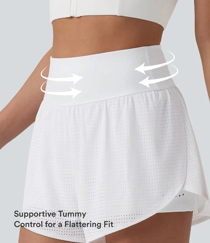 Med hög midja och magkontroll reflekterande prickar omlott rundad nederkant 2-i-1 hålbroderi yogashorts med fickor