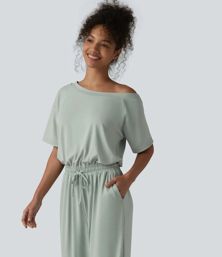 Båtringad kortärmad dragsko baggy vardaglig jumpsuit med fickor-Easy Peezy Edition