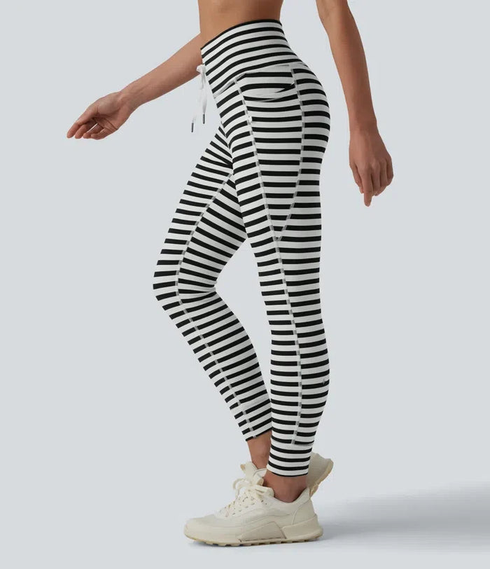 Med hög midja dragsko rand yogaleggings med fickor