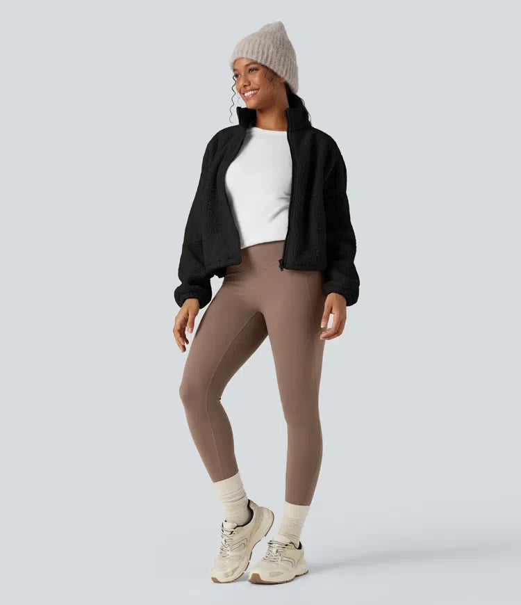 Hög hals långärmad dragkedja fleece träningsjacka med fickor