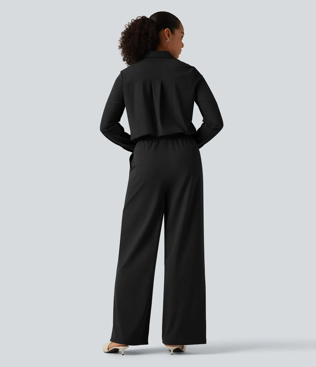 Långärmad raka ben arbetsskjorta jumpsuit med fickor-Easy Peezy Edition