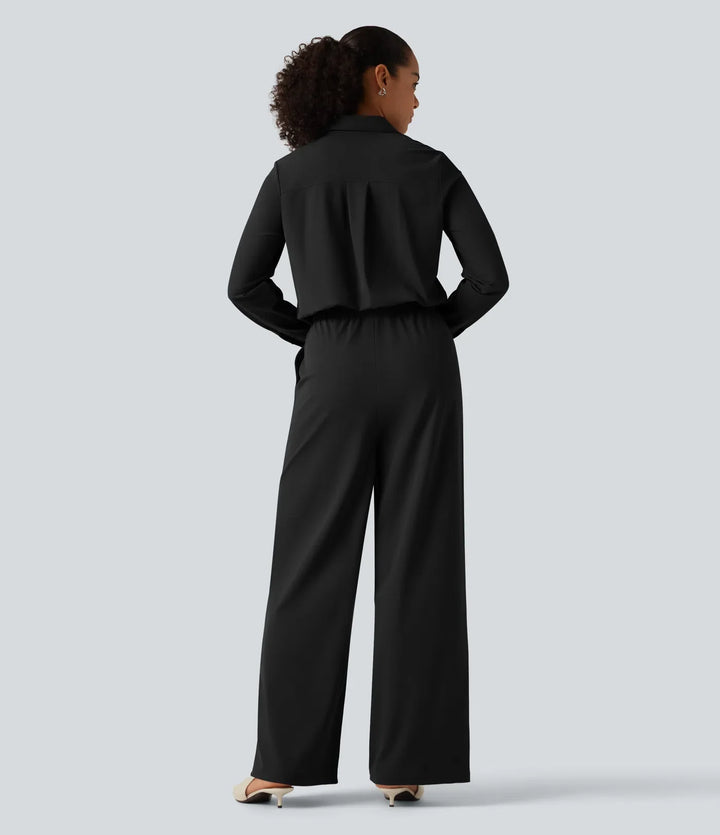 Långärmad raka ben arbetsskjorta jumpsuit med fickor-Easy Peezy Edition