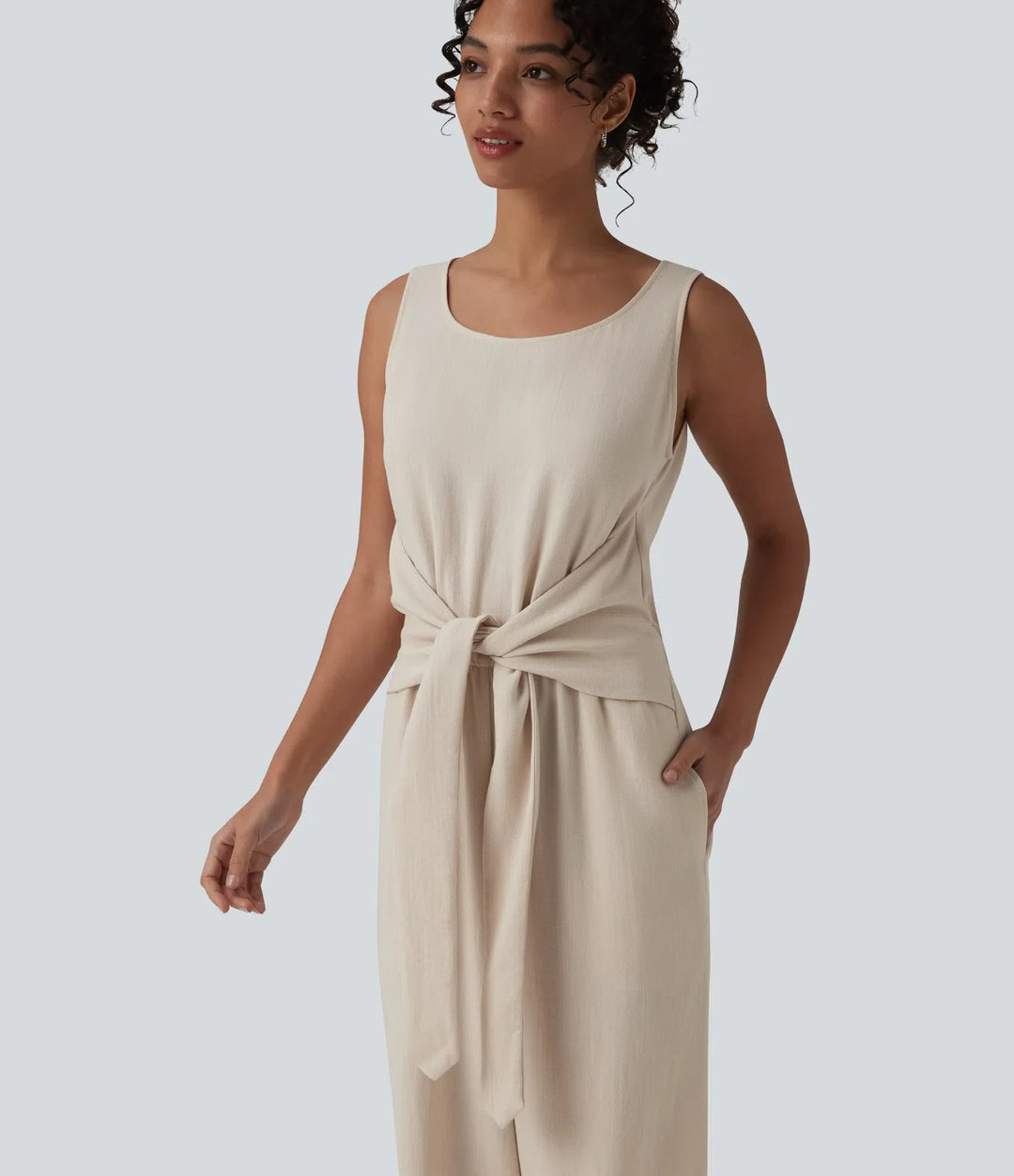 Djup rund halsringning ärmlös knytning fram vardaglig linnekänsla jumpsuit med fickor-Easy Peezy