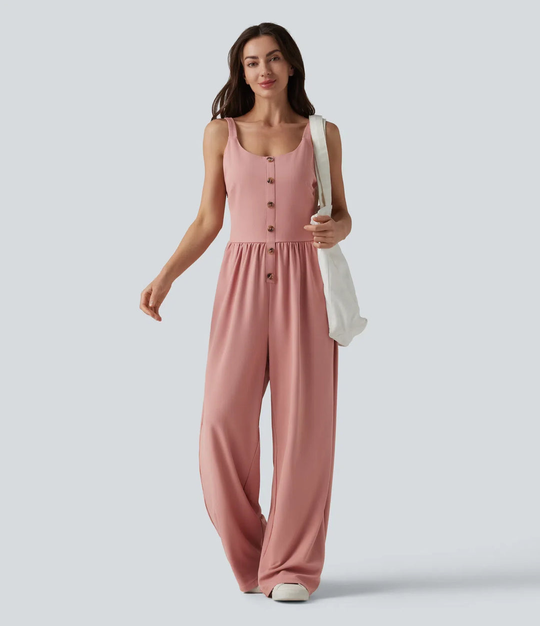 U-ringad ärmlös smockad dekorativ knappar våffelstruktur vardaglig vida ben jumpsuit med fickor-Easy Peezy