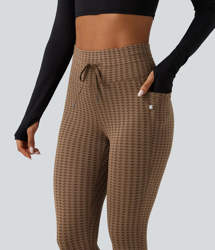 Högmidjad dragsko hundtand yogaleggings med fickor