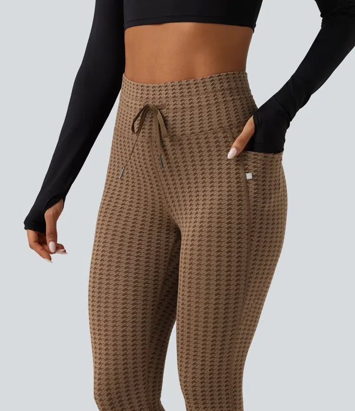 Högmidjad dragsko hundtand yogaleggings med fickor