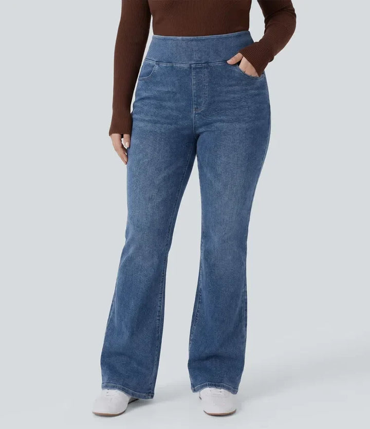 Halara Flex med hög midja och fickor tvättad för vardag bootcut jeans i plusstorlek