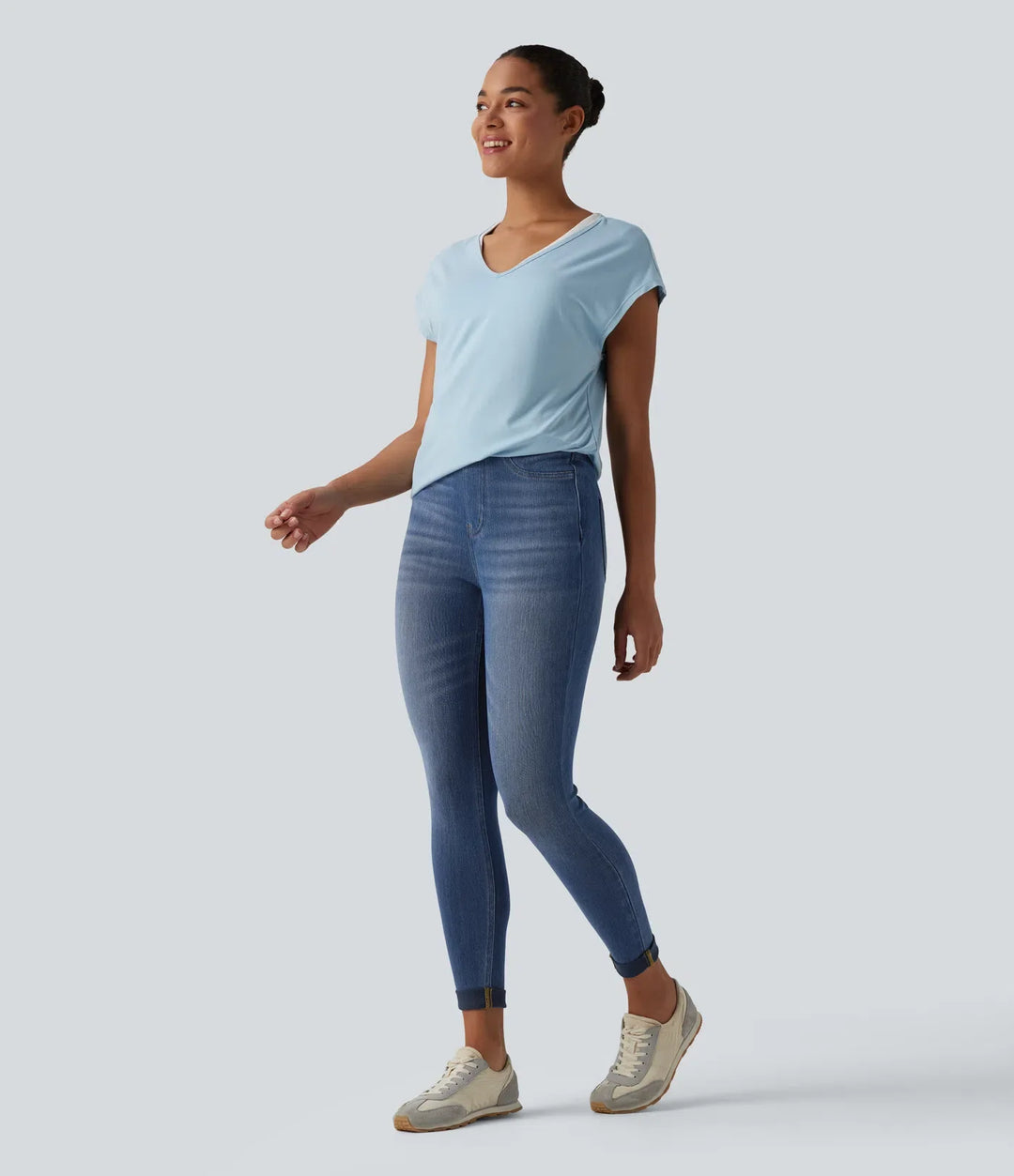 Lyckera Flex högmidjad magkontroll denim vardagsleggings med fickor