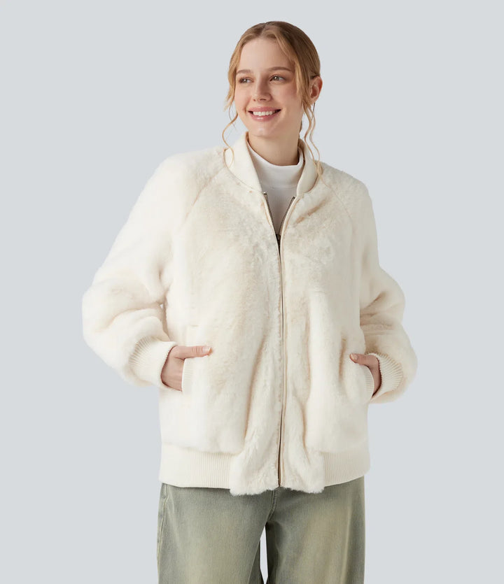 Dragkedja långärmad vardaglig sherpa bomber jacka med fickor