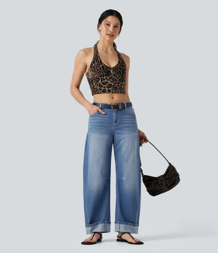 Halara Flex med låg midja upprullad fåll för vardag ballongformade ben jeans med fickor