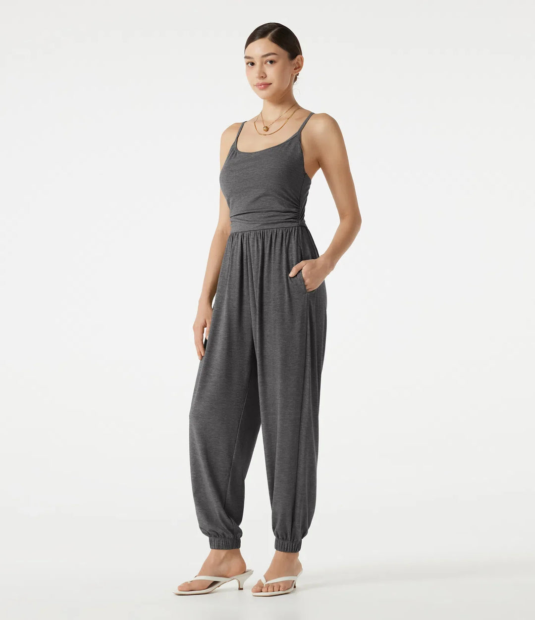 Justerbara axelband rynkat inbyggd BH melerad vardaglig jogger jumpsuit med fickor-Easy Peezy
