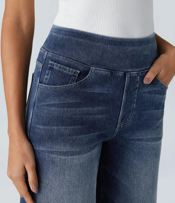 Lyckera Flex högmidjad fickor baggy vida ben tvättad vardagsjeans