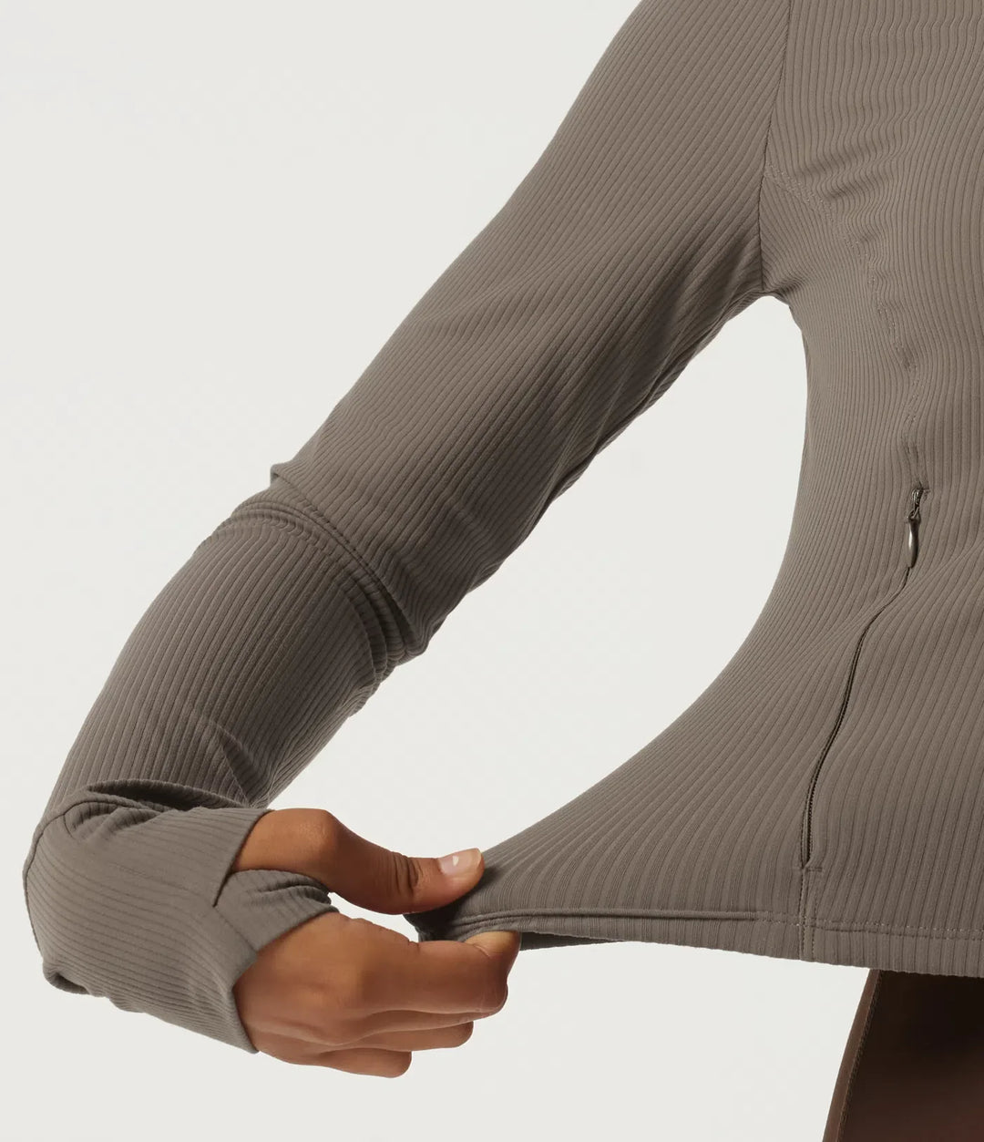Ribbstickad rund hals långärmad yoga träningsjacka med fickor och tumhål