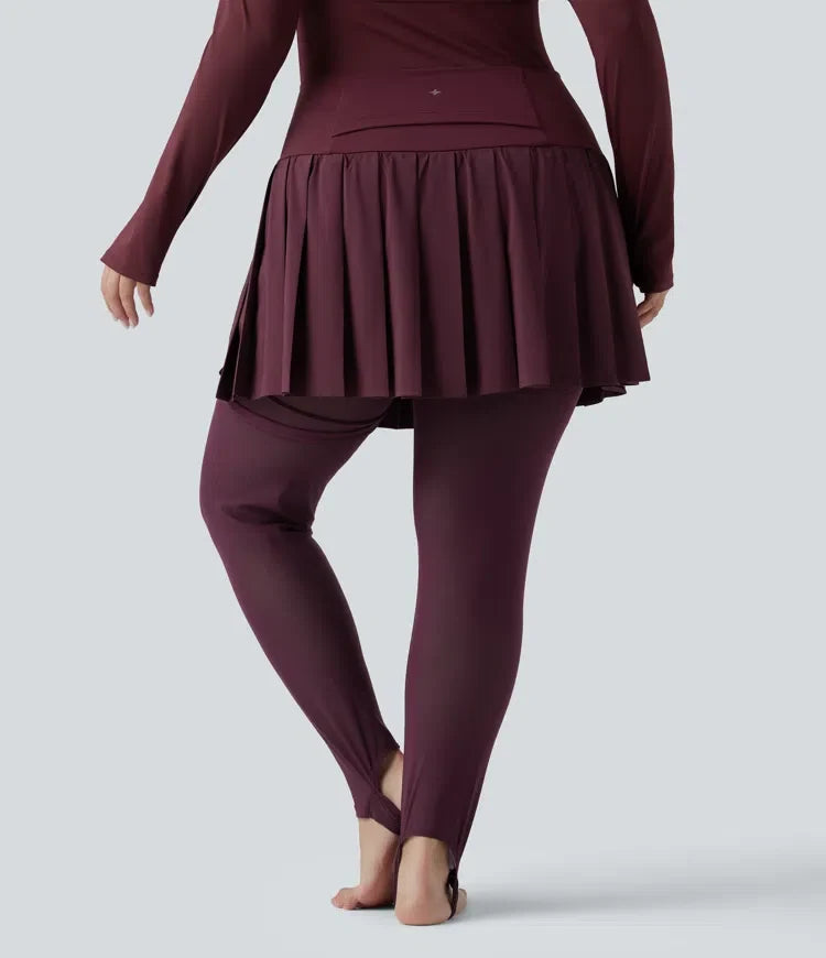 Breezeful med hög midja plisserad 2-i-1 kontrastmesh snabbtorkande dans plusstorlek stigbygel leggings med kjol med fickor