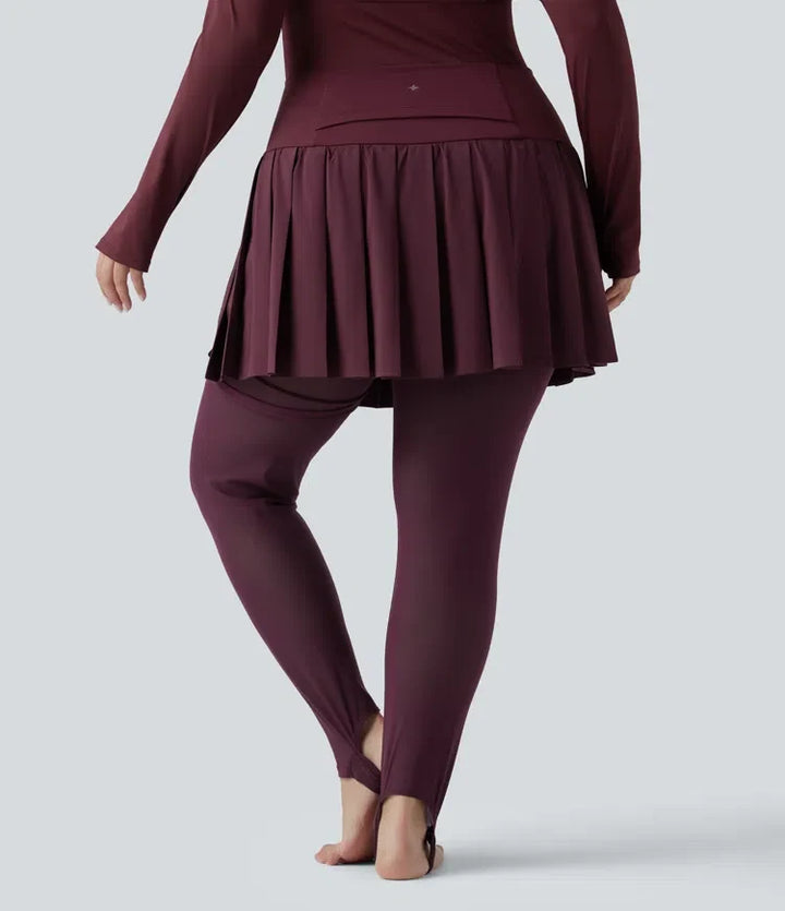 Breezeful med hög midja plisserad 2-i-1 kontrastmesh snabbtorkande dans plusstorlek stigbygel leggings med kjol med fickor
