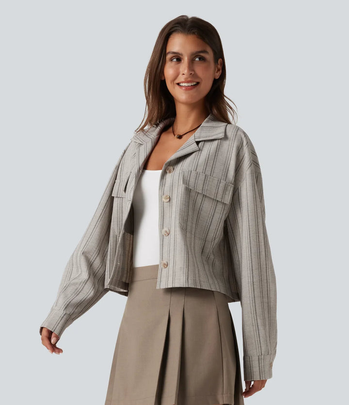 Med krage långärmad randig vardaglig linnekänsla jacka med fickor