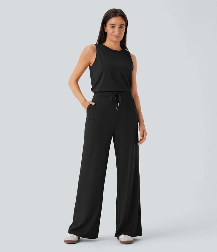 Rund hals ärmlös nyckelhålsrygg dragsko ficka vardaglig jumpsuit