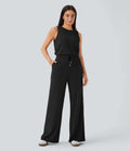 Rund hals ärmlös nyckelhålsrygg dragsko ficka vardaglig jumpsuit