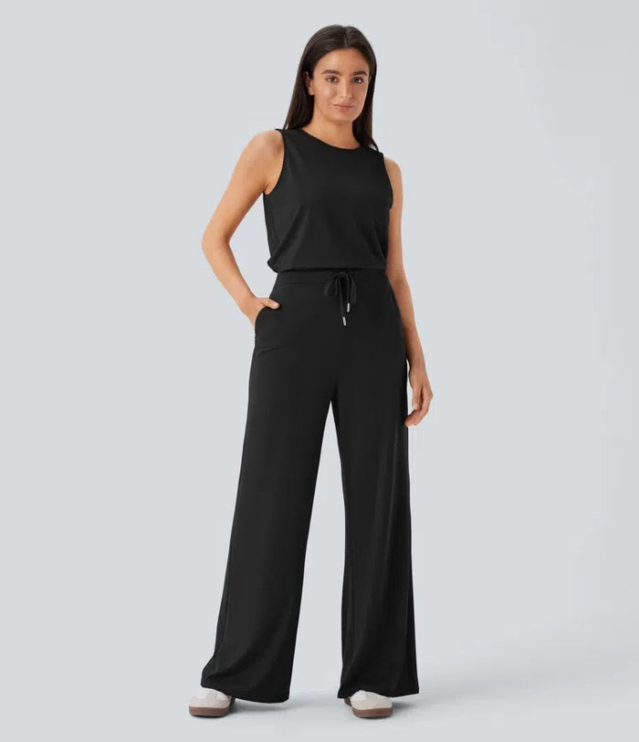 Rund hals ärmlös nyckelhålsrygg dragsko ficka vardaglig jumpsuit