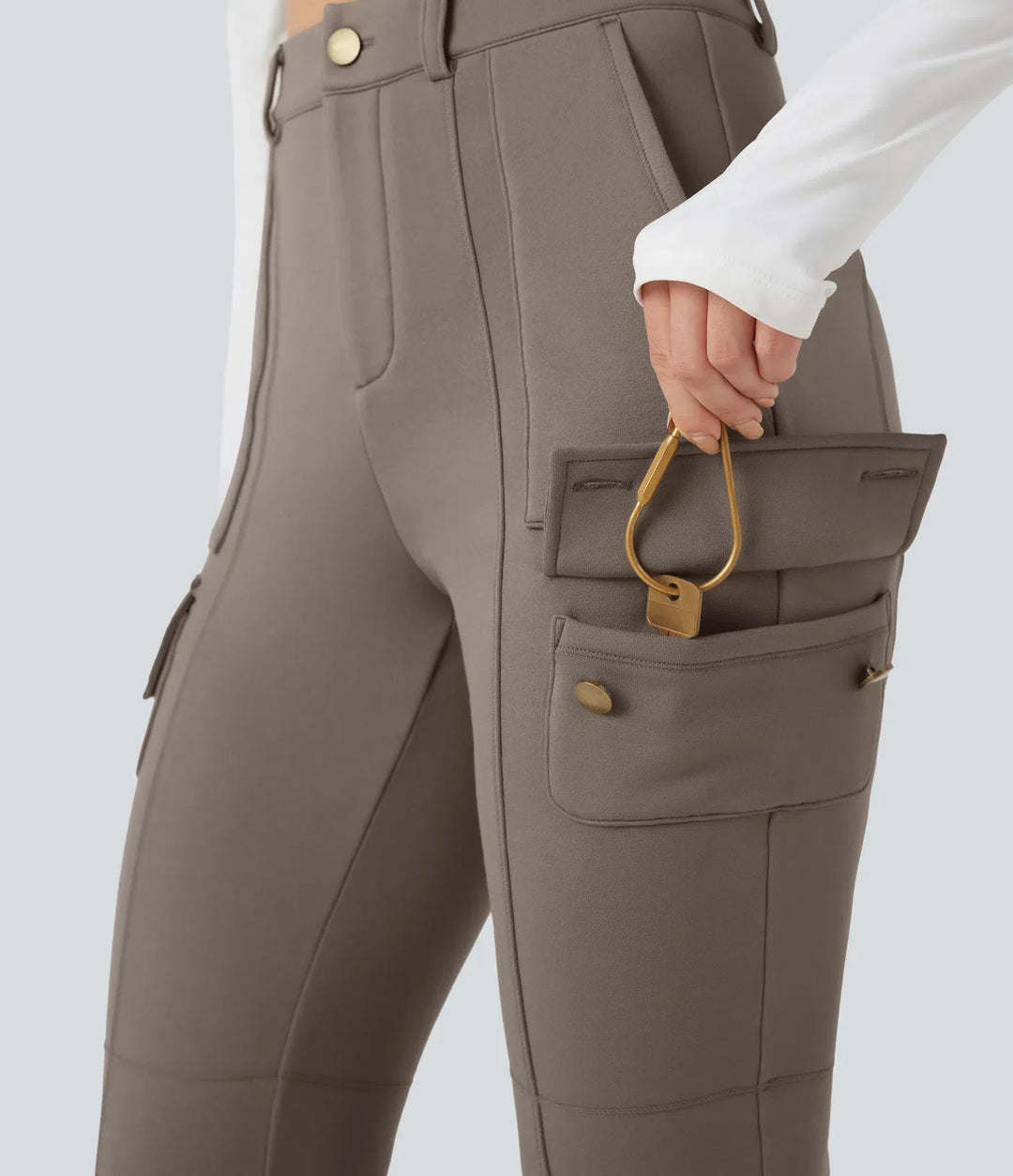 Högmidjad skinny fleece vandring cargo byxor med fickor