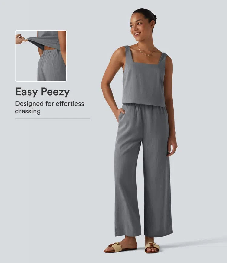 Fyrkantig halsringning ärmlös resort linnekänsla jumpsuit med fickor-Easy Peezy