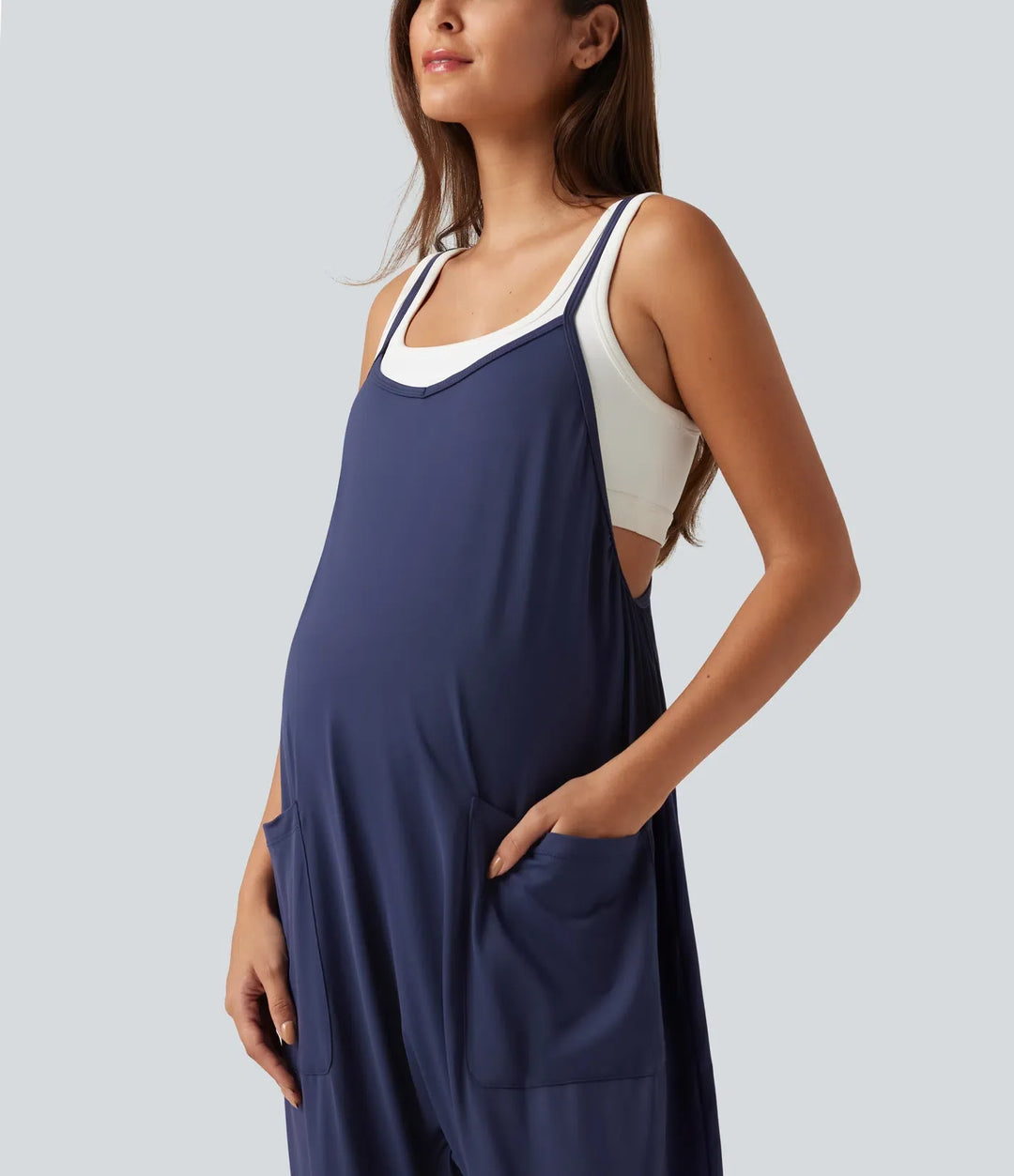 Fyrkantig halsringning avsmalnande vardaglig mamma jumpsuit med fickor