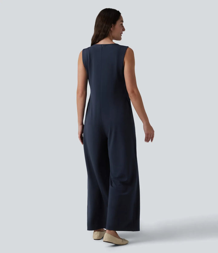 Djup V-ringning knytning fram veckad ärmlös dold dragkedja vardaglig baggy jumpsuit med fickor