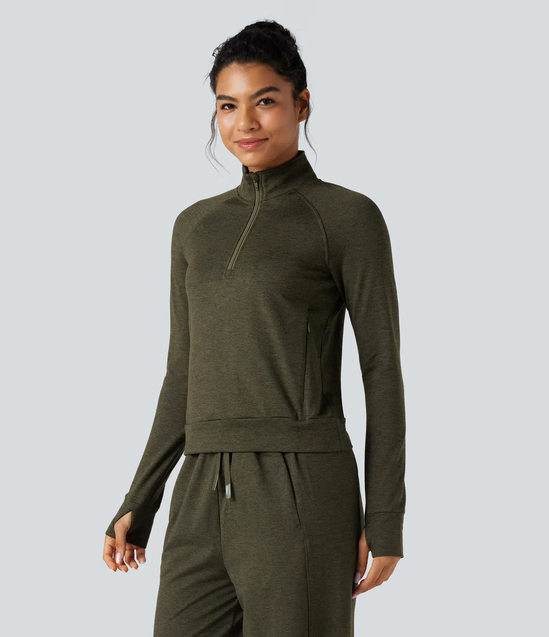 Halv dragkedja tumhål snabbtorkande fleece vardaglig melerad sweatshirt med fickor-UPF40+