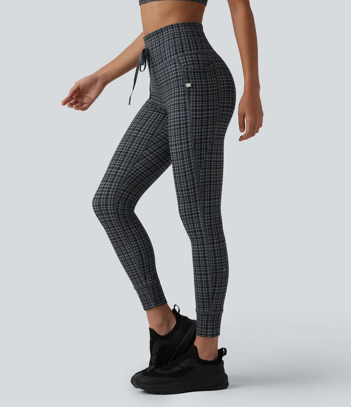 Halara UltraSculpt rutig rutig tryck med hög midja dragsko yogaleggings med fickor