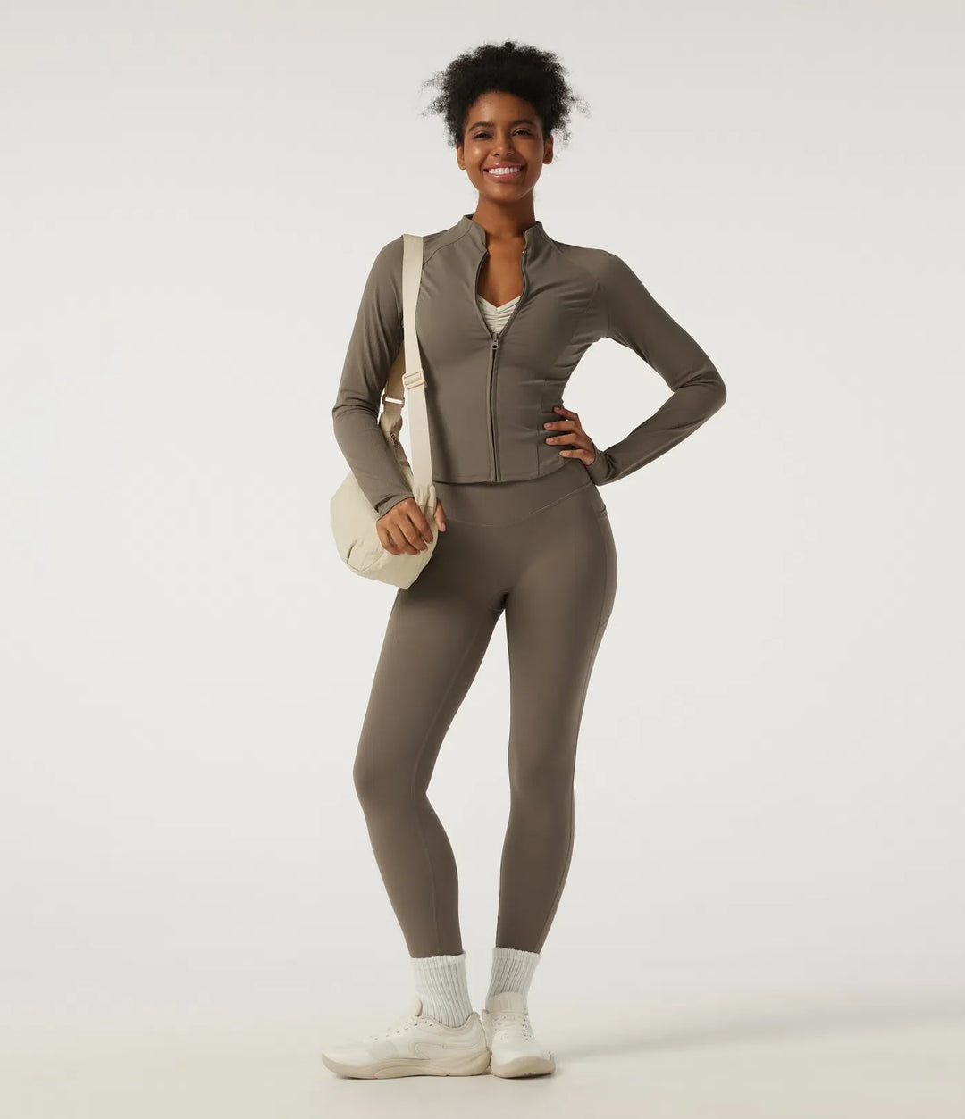 Lyckera UltraSculpt halvpolo långärmad yoga kurvig jacka med tumhål och fickor