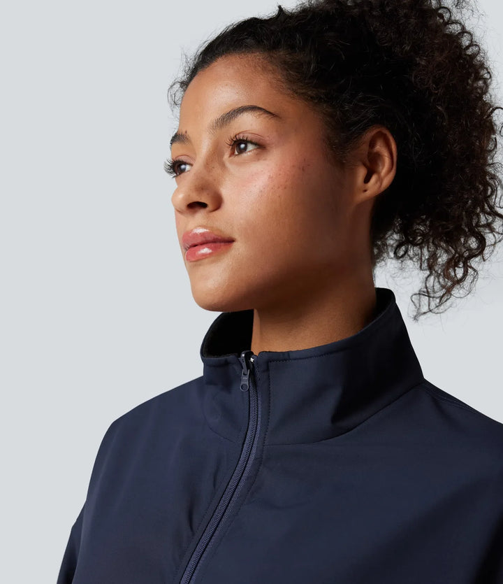 Vändbar hög hals långärmad dragkedja fleece vandringsjacka med fickor (två looks i en)