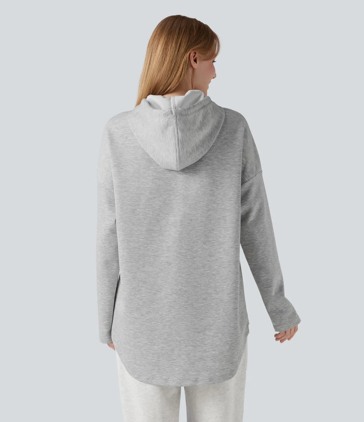 Med huva dragsko långärmad rundad fåll vardaglig sweatshirt med ficka
