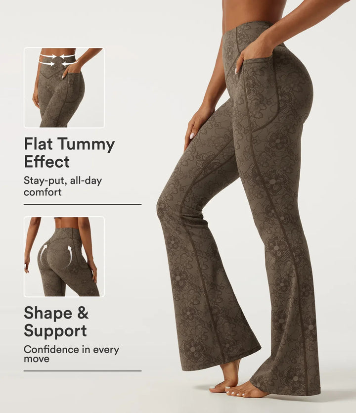 Halara UltraSculpt med hög midja och magkontroll rumplyftande kontrastspets utsvängd yogaleggings med fickor