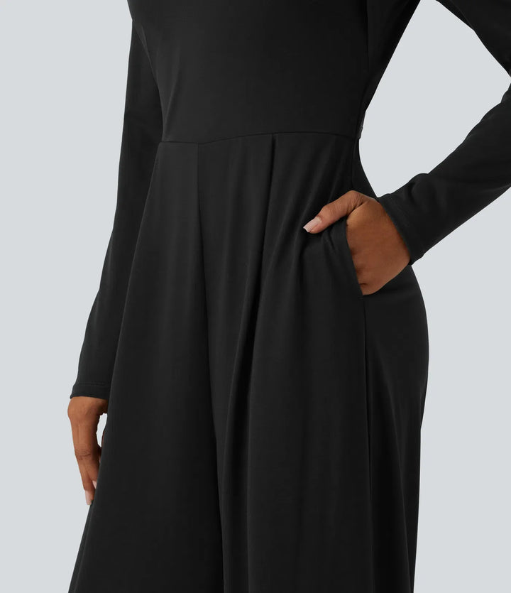 Långärmad inbyggd BH vida ben jumpsuit med fickor-Easy Peezy Edition DD-F-kupor