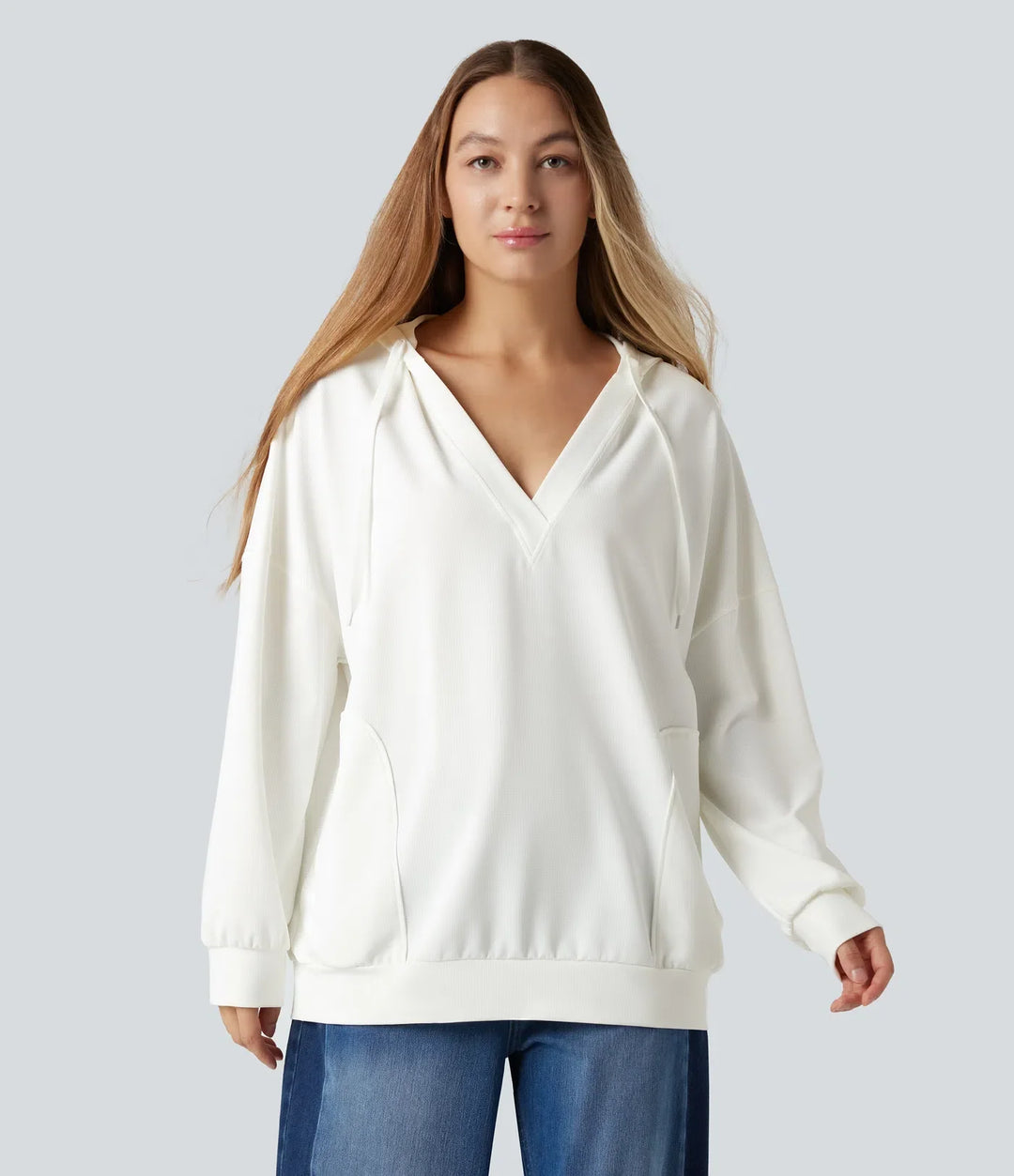 Med huva V-ringad långärmad avslappnad vardaglig sweatshirt med fickor