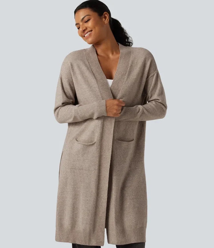 Långärmad öppen front vardaglig cardigan med fickor