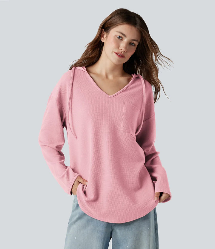 Med huva dragsko långärmad rundad fåll våffelstruktur vardaglig sweatshirt med ficka