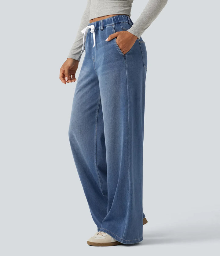 Lyckera Flex medelhög midja vida ben vardagsjeans med fickor