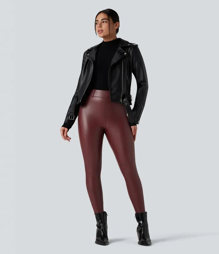 Med hög midja stretchig PU fleece vardagsleggings med fickor