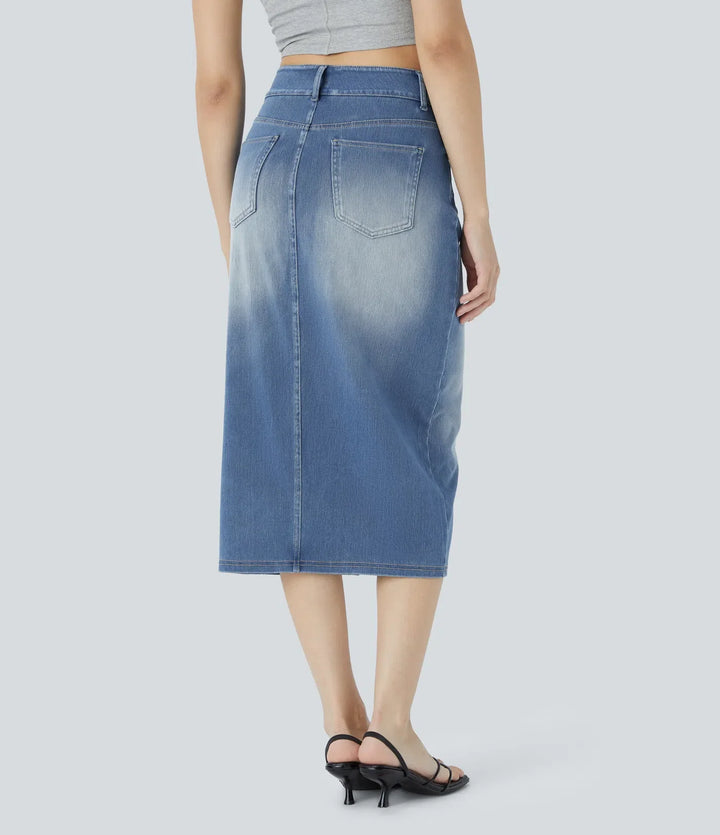 Halara Flex med hög midja och fickor figurnära tvättad denim för vardag midi kjol