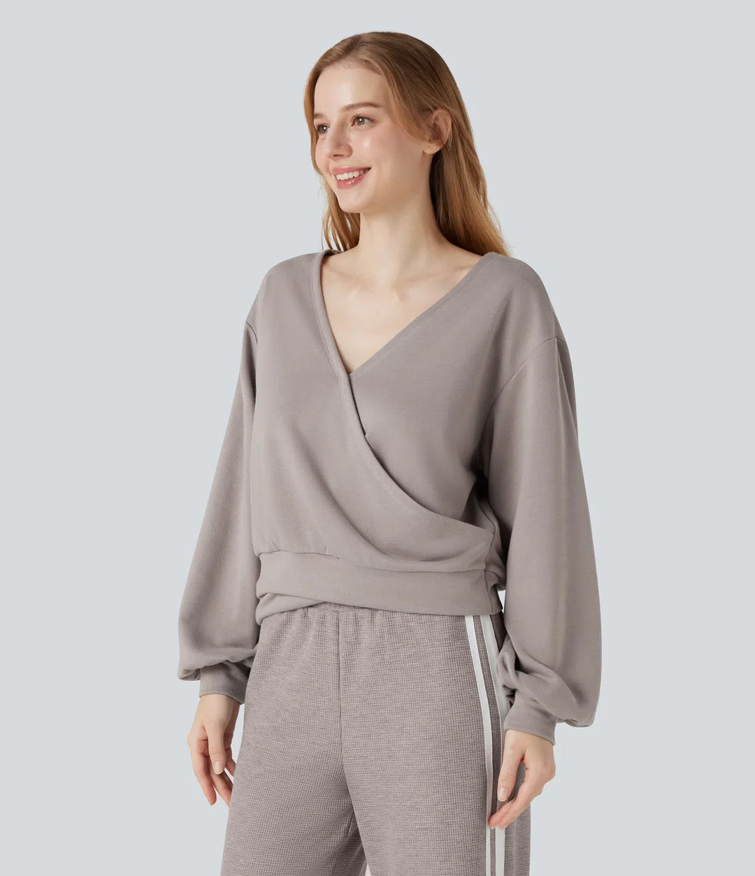 V-ringad långärmad vardaglig sweatshirt